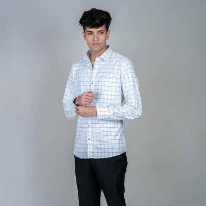Cotton Regular Full Shirt - White and Green Checks
