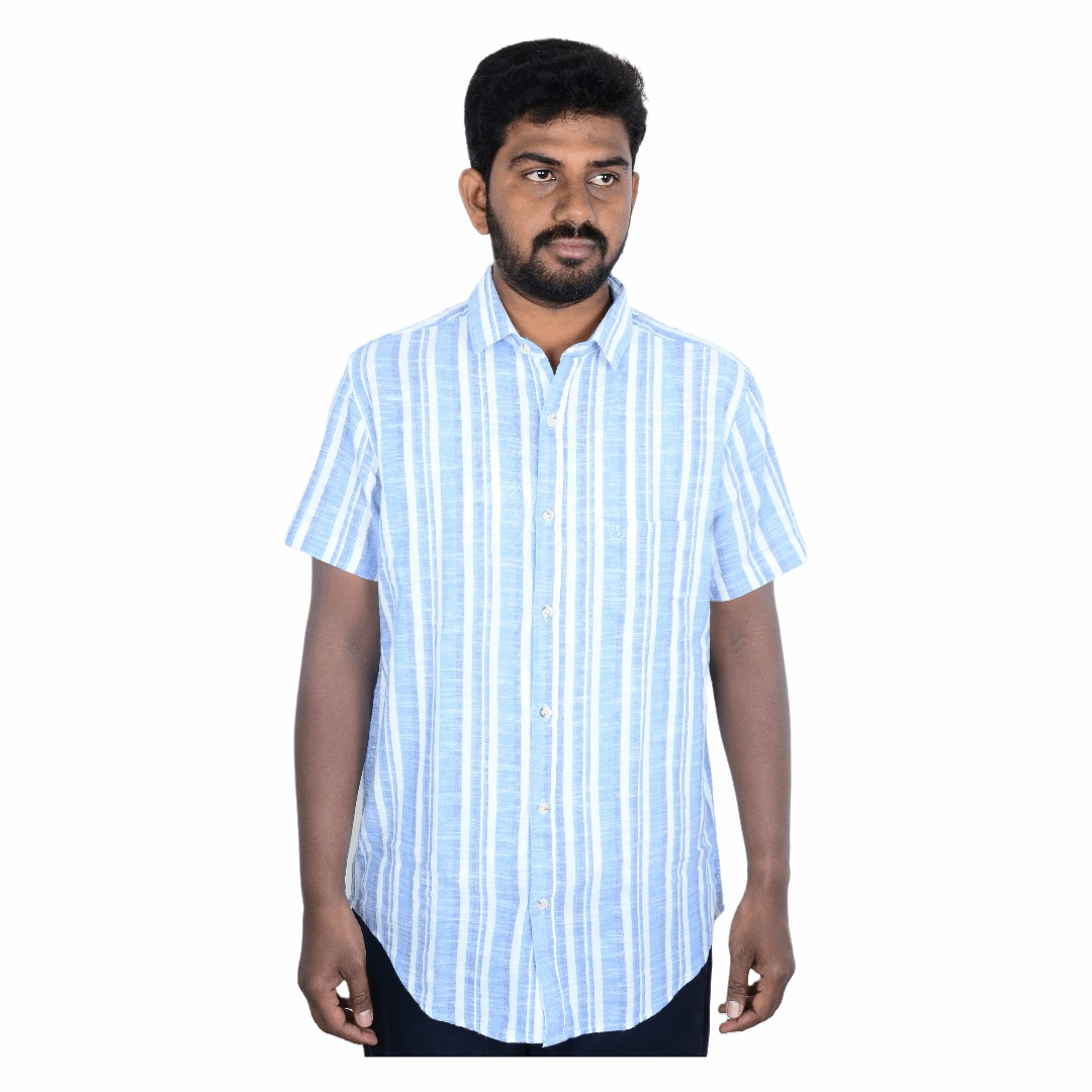 Cotton Slim Fit Half Shirt - White and Blue- Half