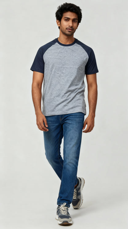 Classic Raglan Half-Sleeve T-Shirt (Grey Heather/Navy Heather)