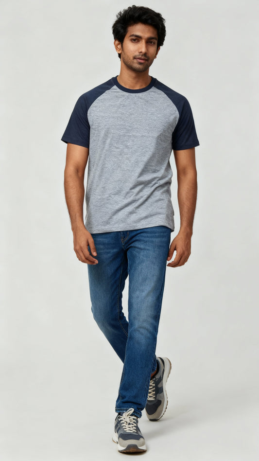 Classic Raglan Half-Sleeve T-Shirt (Grey Heather/Navy Heather)