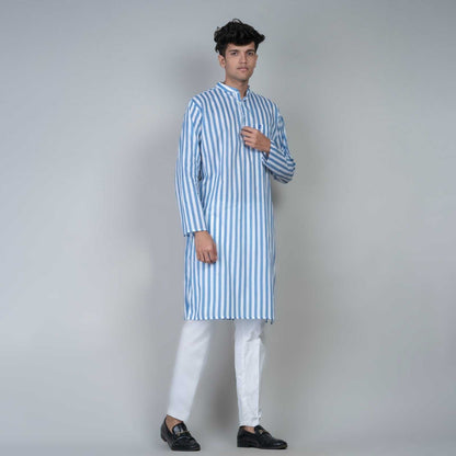 Casual Long Kurta for men - White and Blue Stripes