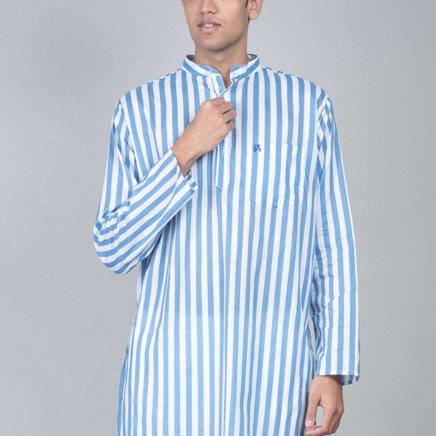 Casual Long Kurta for men - White and Blue Stripes